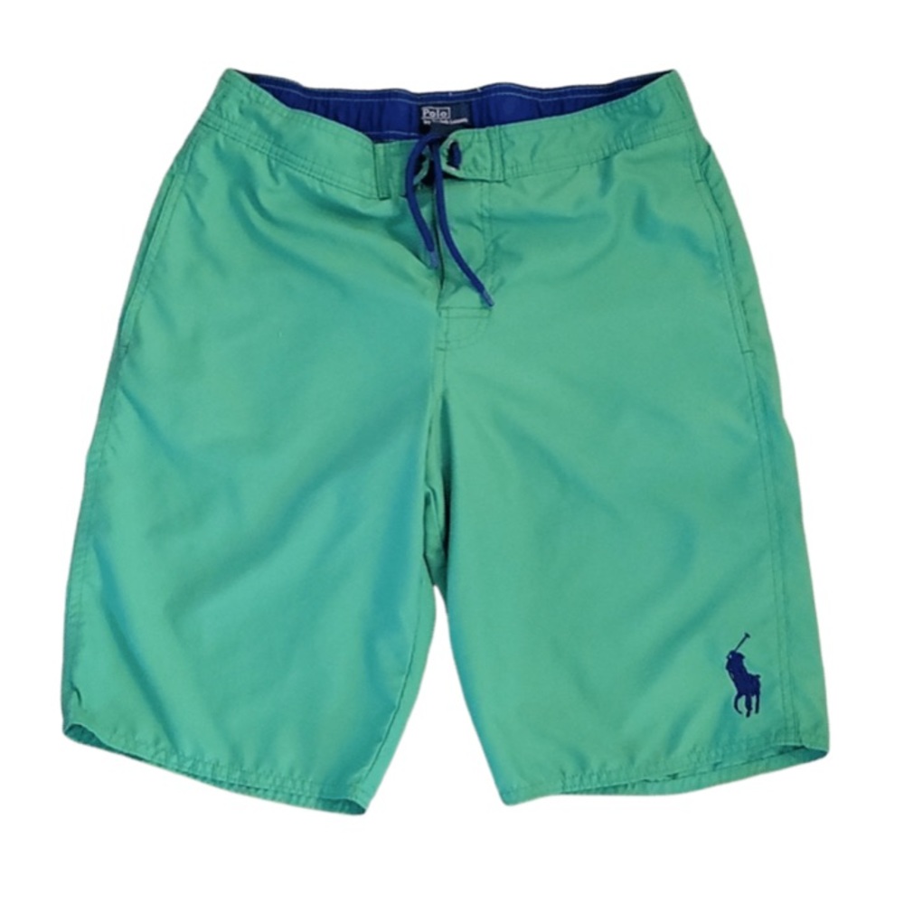 EUC Boys Polo Ralph Lauren Green swim trunks with navy logo large 14/16